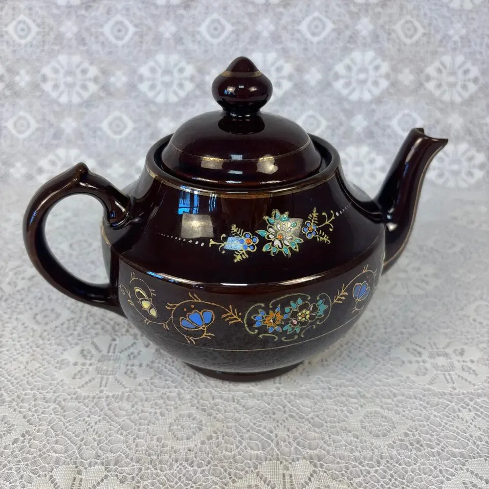 Vintage Mikado Japan Brown Teapot Hand Painted Floral Gold Trim
